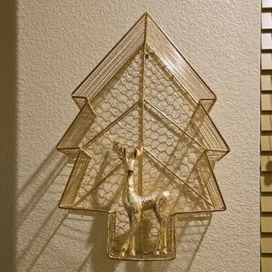 Gold Holiday Tree Wire Wall Decor with Deer. 18 " X 12" x 4"